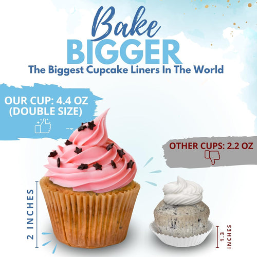 Cupcake Liners & Muffin Liners - JUMBO, NON STICK, THICK Parchment Paper For Baking Muffins - Big Giant Extra Large XL Size, Heavy Duty, Tall Unbleached Natural Brown Cup Cake Holders Wrappers